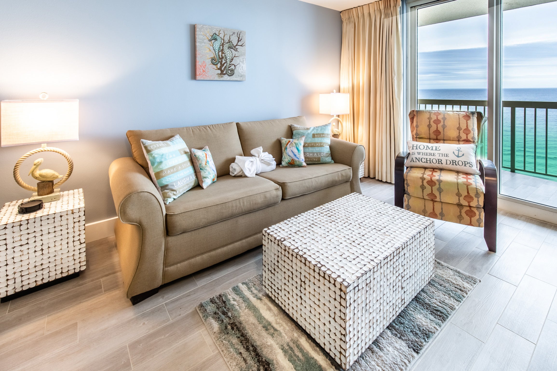 Comfortable furnishings and beachy decor