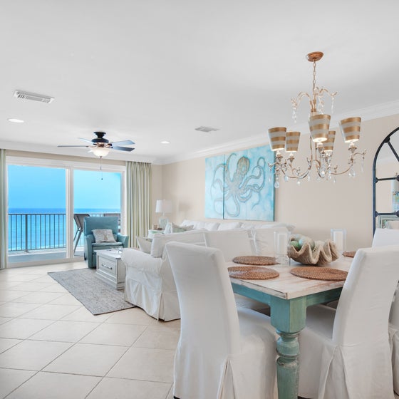 Dining area to living room views at Crystal Dunes 304