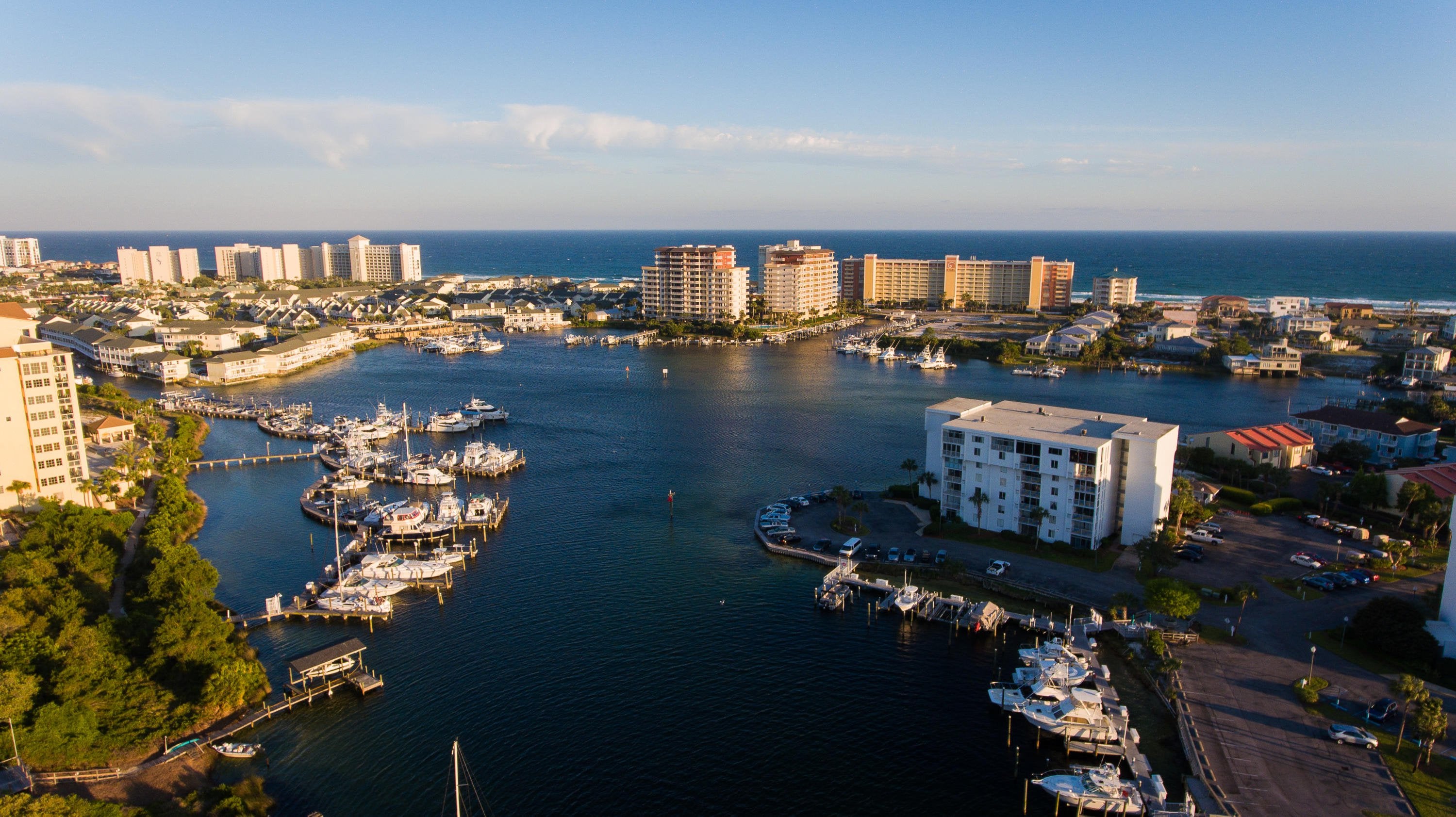 Aerial View of Dolphin Point on Destin Harbor
