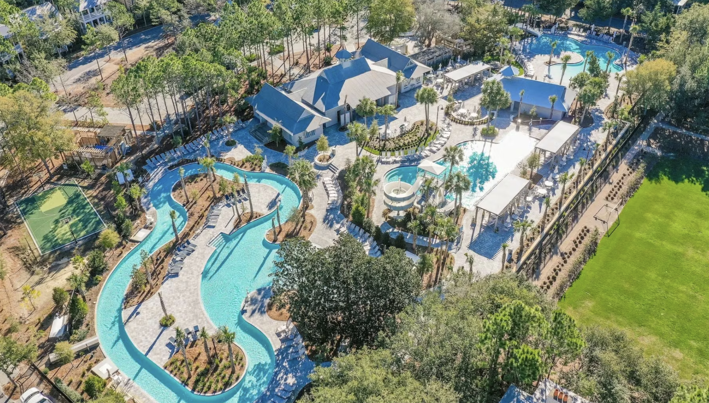 Aerial view of Water color pools and slides