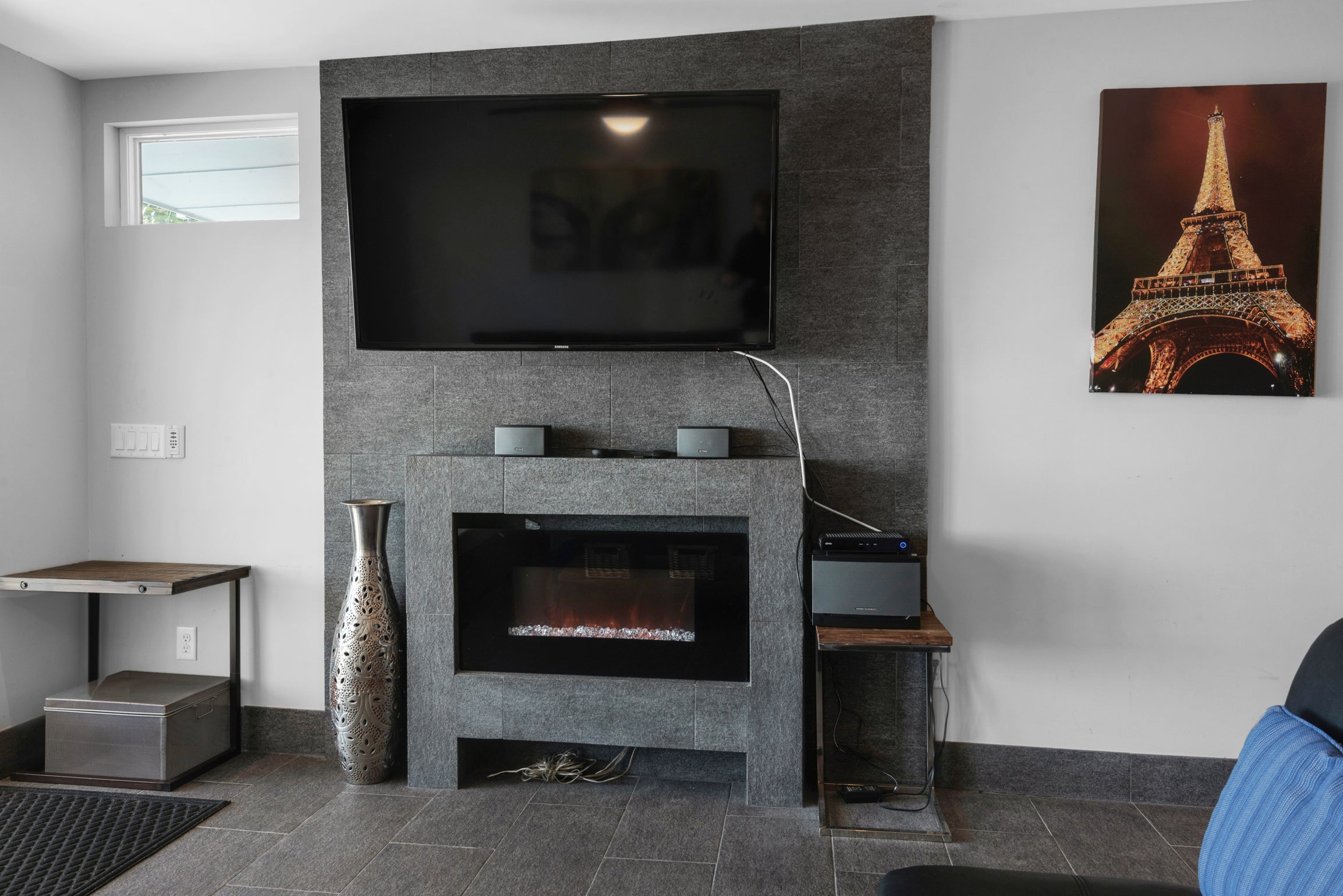 Beautiful fireplace and large flat screen TV!