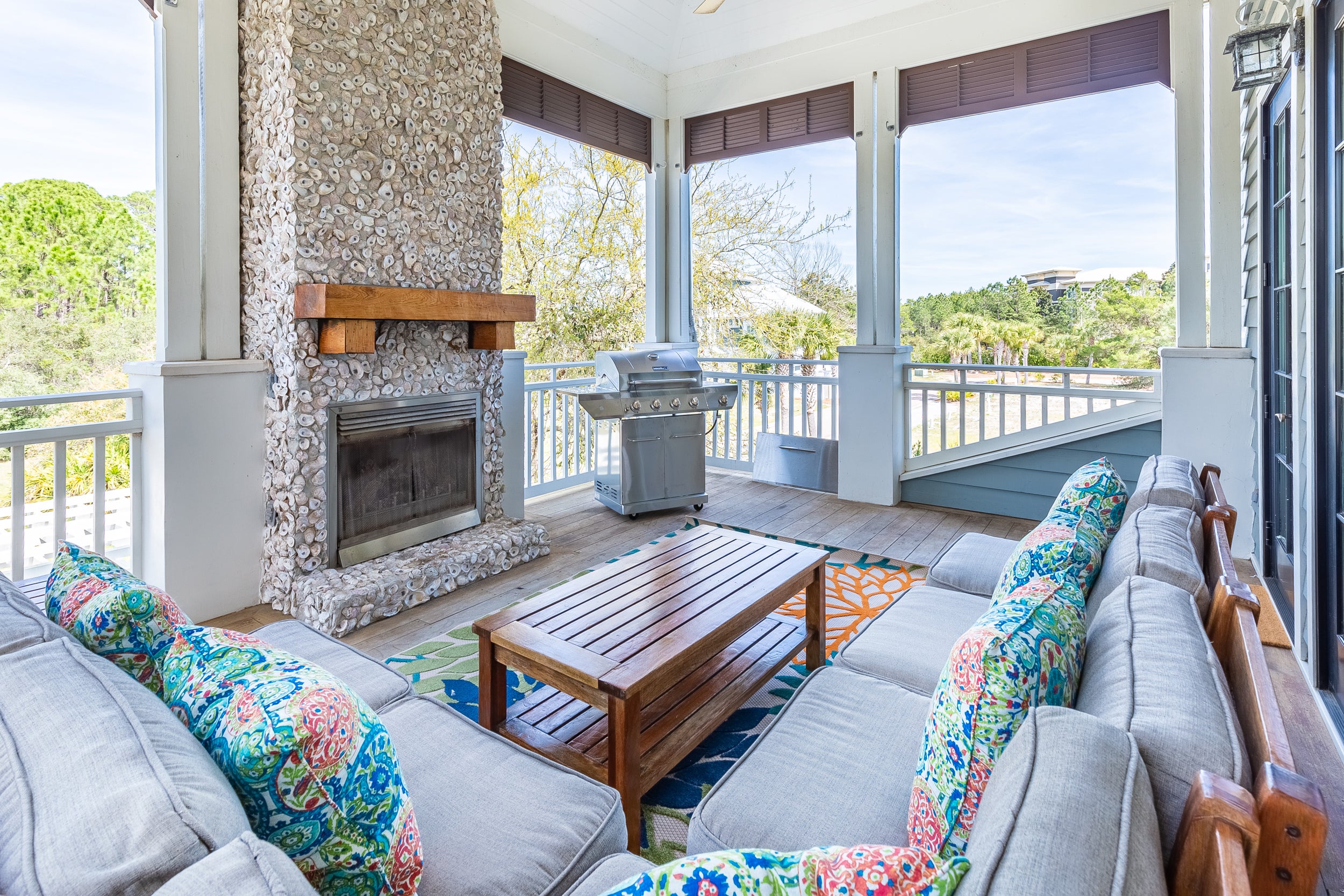 Stunning Oyster Shell fireplace on covered porch