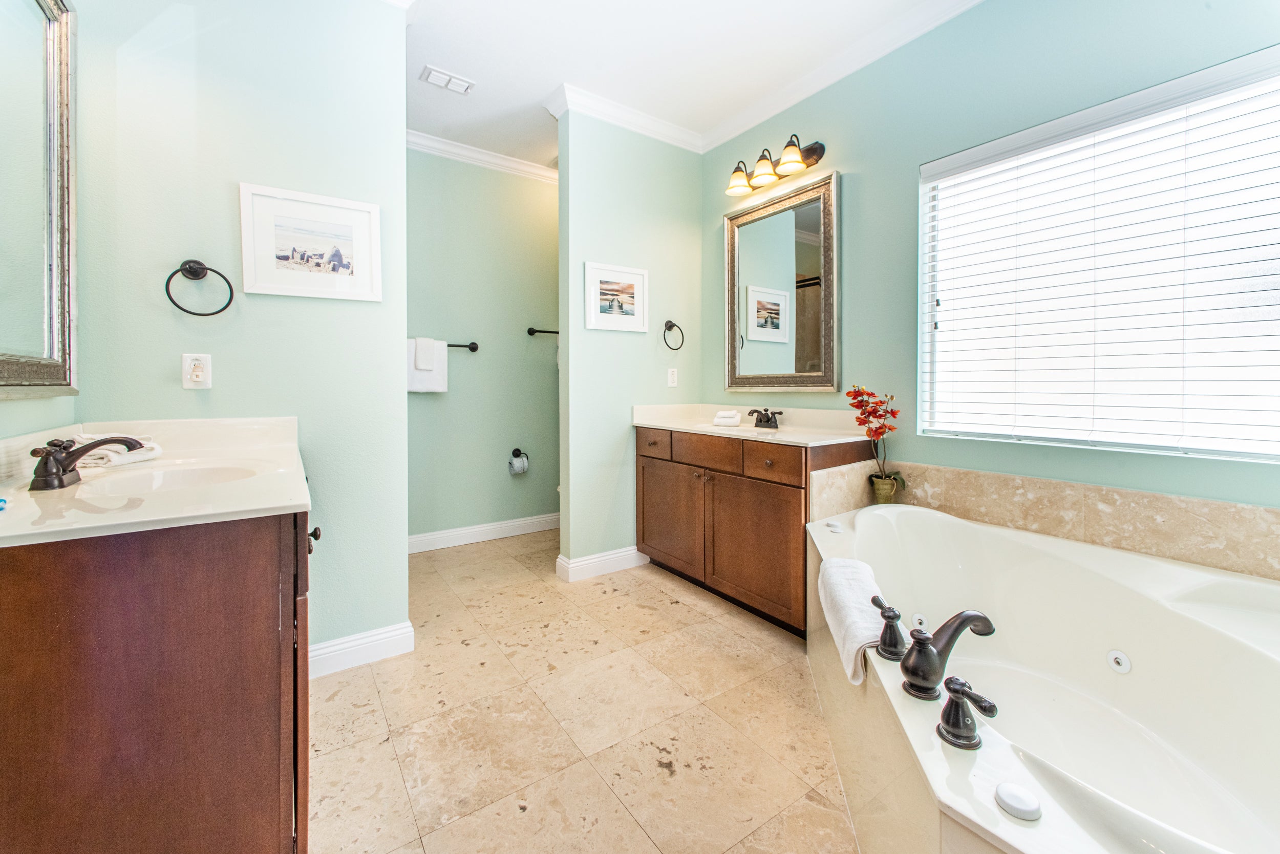 Master bathroom with large tub and two vanities